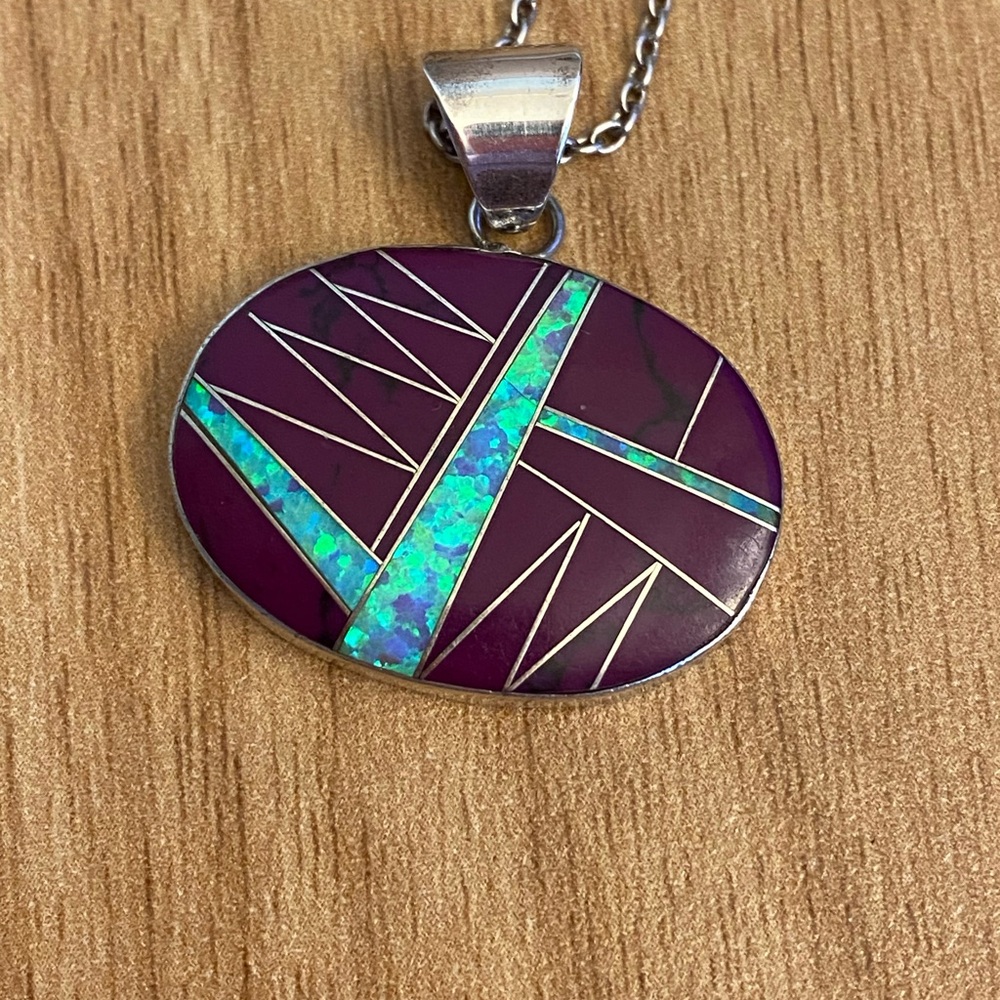 Amazing Native American sugilite and opaline inlay sterling silver pendant - Picture 3 of 9